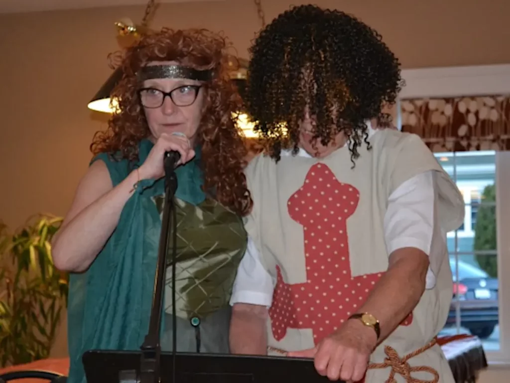 Ted and Stephanie performing the Spamalot spoof of musicals at the year-end choir bash (June 2016)